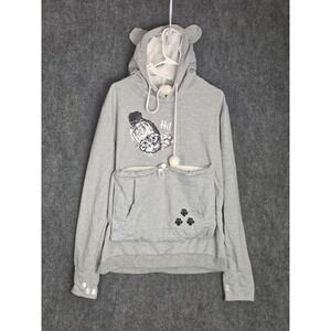 Cute Cat Ear Hoodie Gray Graphic Print Pullover Kawaii Pet Pouch Sweater Sz XL